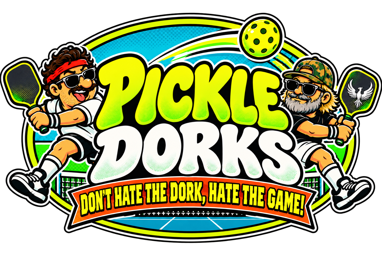 Pickle Dorks logo — a dork mid-swing with the tagline Don't hate the dork, hate the game